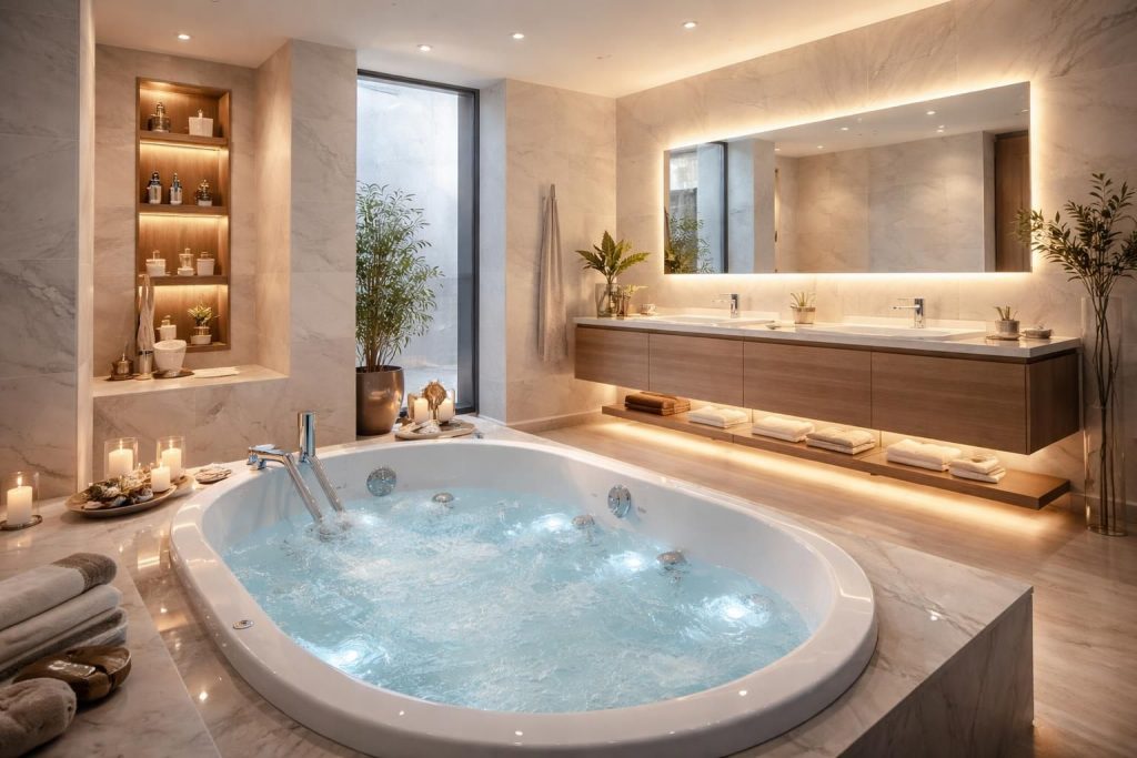 découvrez comment rénover votre salle de bain en intégrant une baignoire balnéo, la robinetterie hansgrohe et un éclairage led pour un espace moderne, confortable et lumineux.