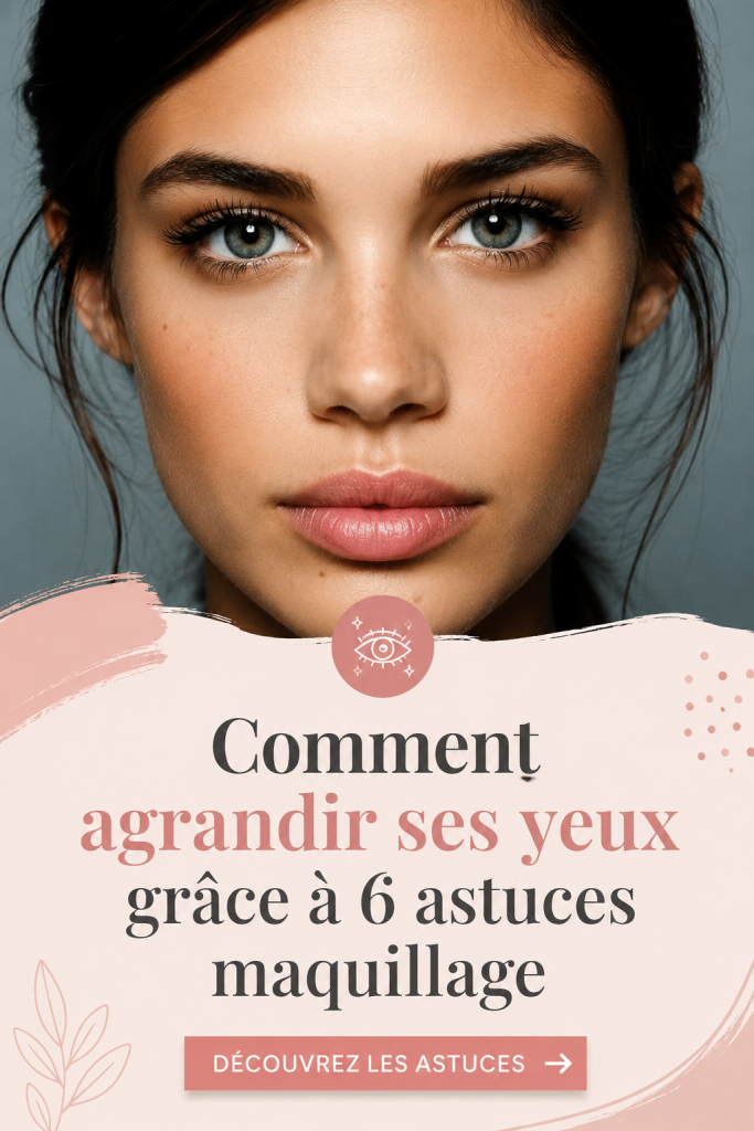 Maquillage avec un effet agrandissant sur les yeux, mettant en avant des couleurs claires et un eyeliner bien appliqué.