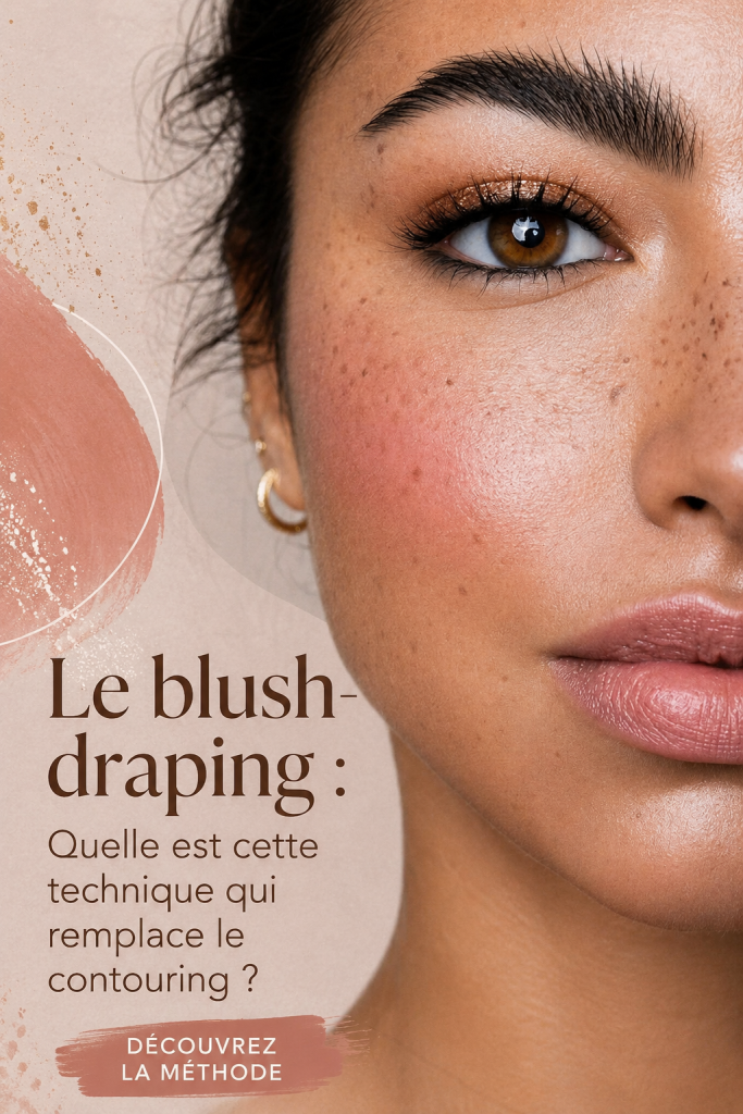 Application de blush-draping sur un visage avec des couleurs vibrantes et naturelles.