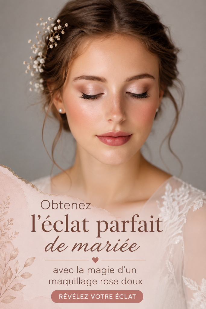 Femme avec un maquillage rose doux et éclatant pour son mariage