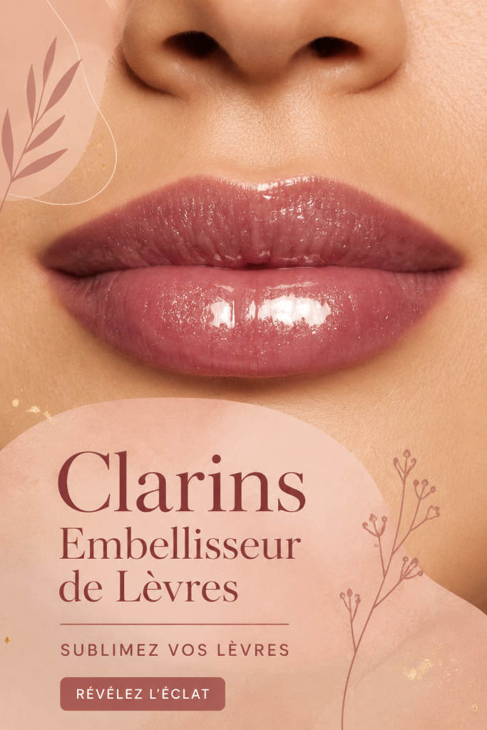 Embellisseur de lèvres Clarins devant un fond naturel, mettant en valeur la texture et la couleur du produit.