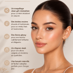 Modèle avec un maquillage minimaliste mettant en valeur un éclat naturel et un chignon élégant.