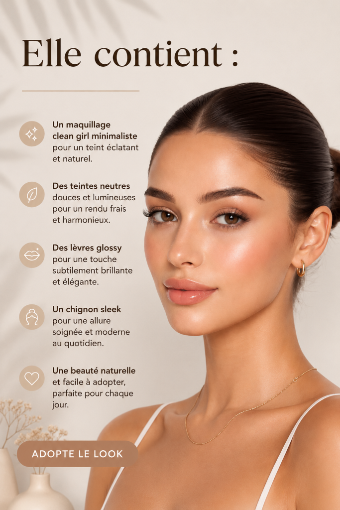 Modèle avec un maquillage minimaliste mettant en valeur un éclat naturel et un chignon élégant.