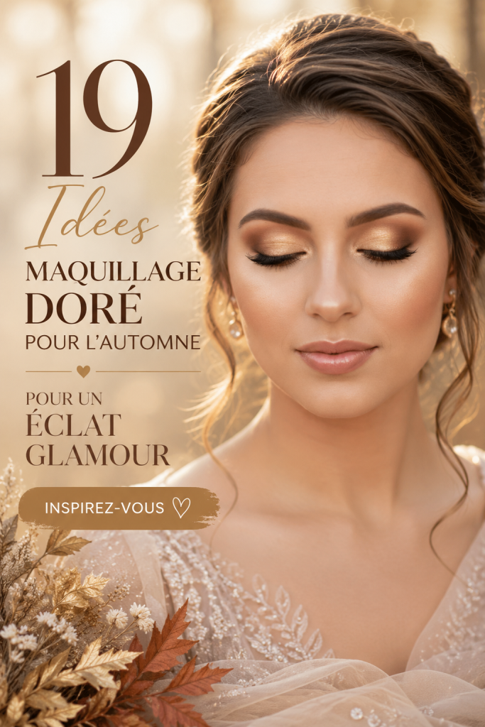 Une femme avec un maquillage glamour doré pour l'automne, mettant en avant des nuances chaudes.