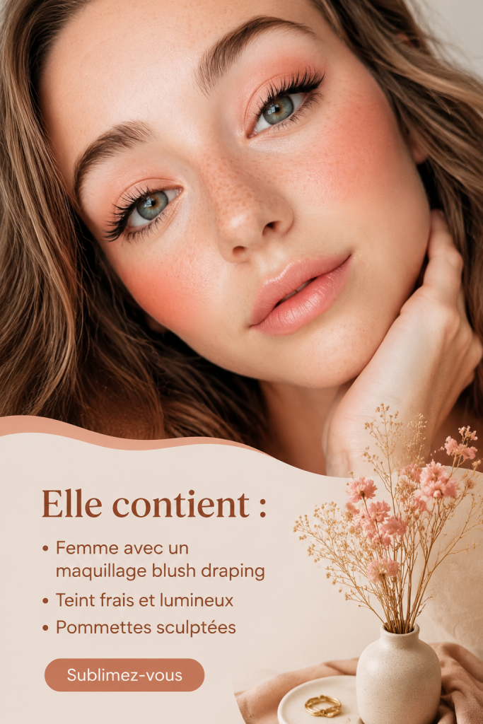 Femme avec un maquillage blush draping et un teint lumineux