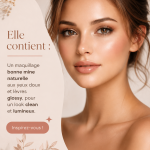 Maquillage éclatant et naturel avec des tons neutres et des lèvres brillantes.