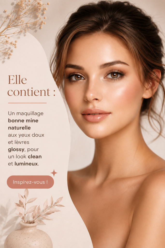 Maquillage éclatant et naturel avec des tons neutres et des lèvres brillantes.