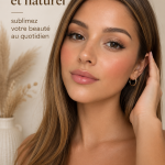 Femme appliquant un maquillage naturel et léger avec un fond neutre.