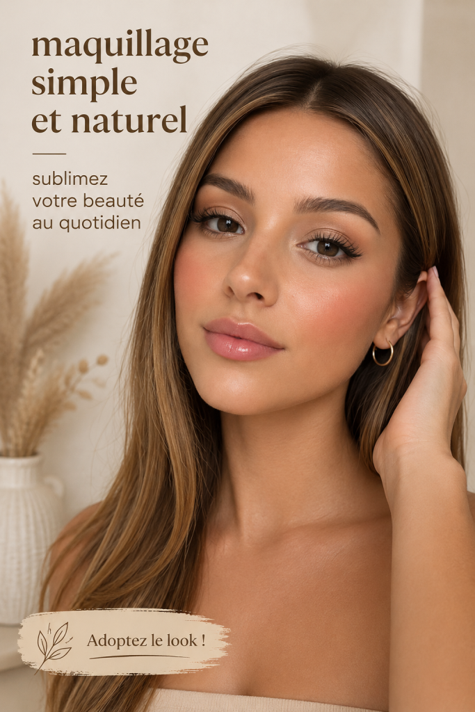 Femme appliquant un maquillage naturel et léger avec un fond neutre.