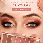 Palette de fards à paupières Pillow Talk de Charlotte Tilbury mise en avant sur un fond élégant.