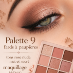 Palette de 9 fards à paupières en tons rose nude, idéale pour un maquillage élégant.