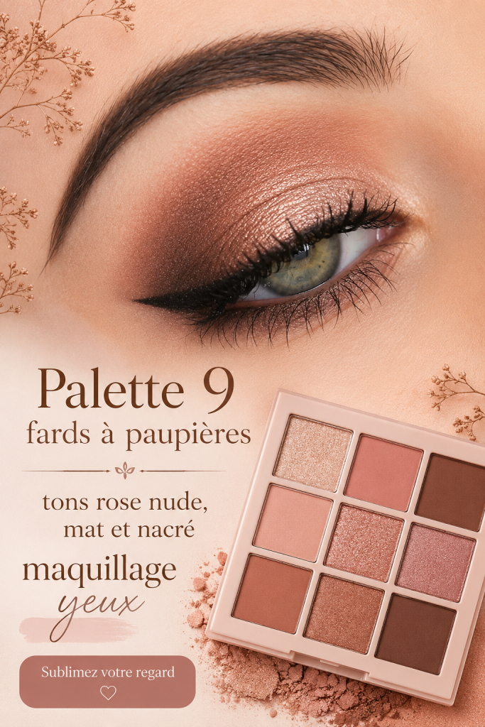 Palette de 9 fards à paupières en tons rose nude, idéale pour un maquillage élégant.